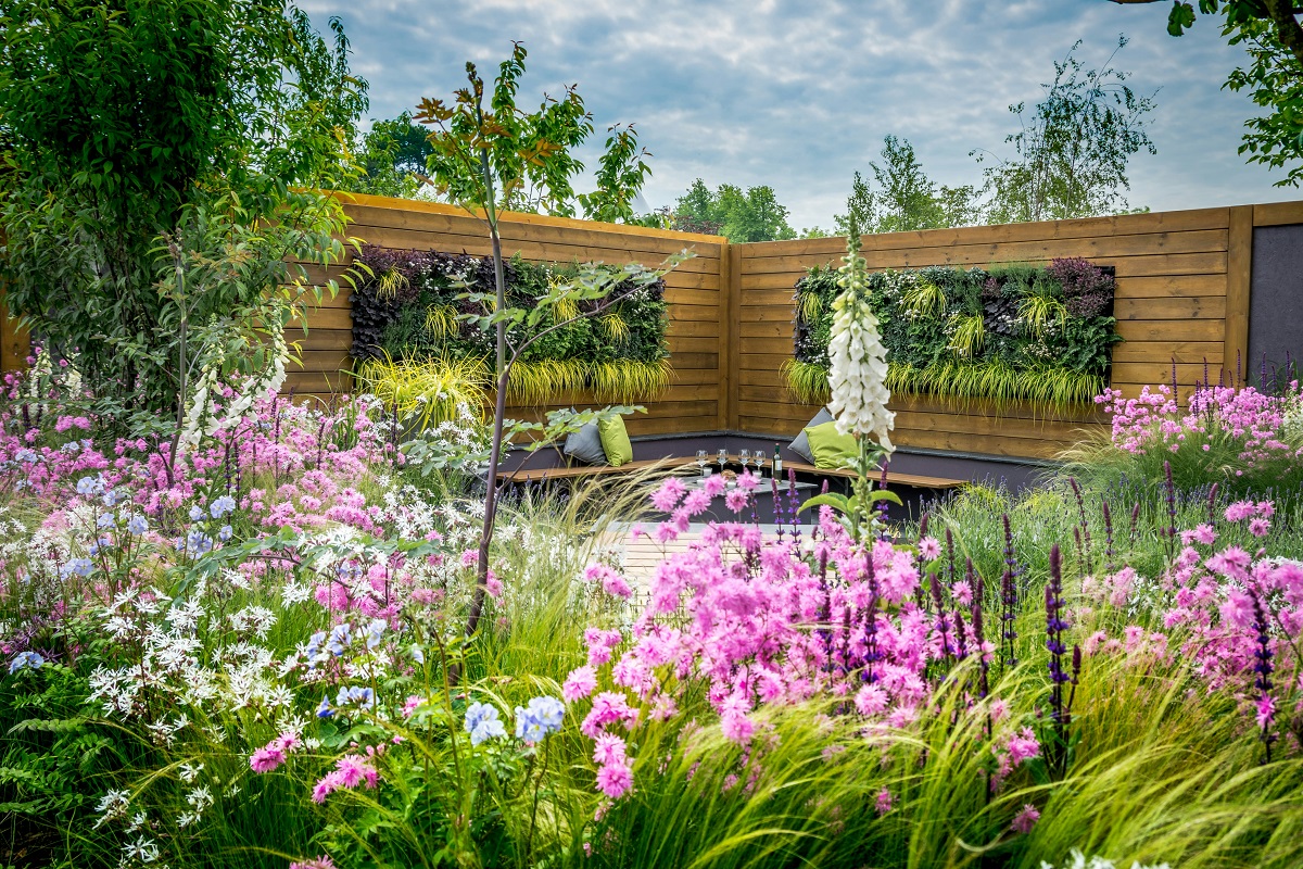 outdoor seating in a vertical garden
