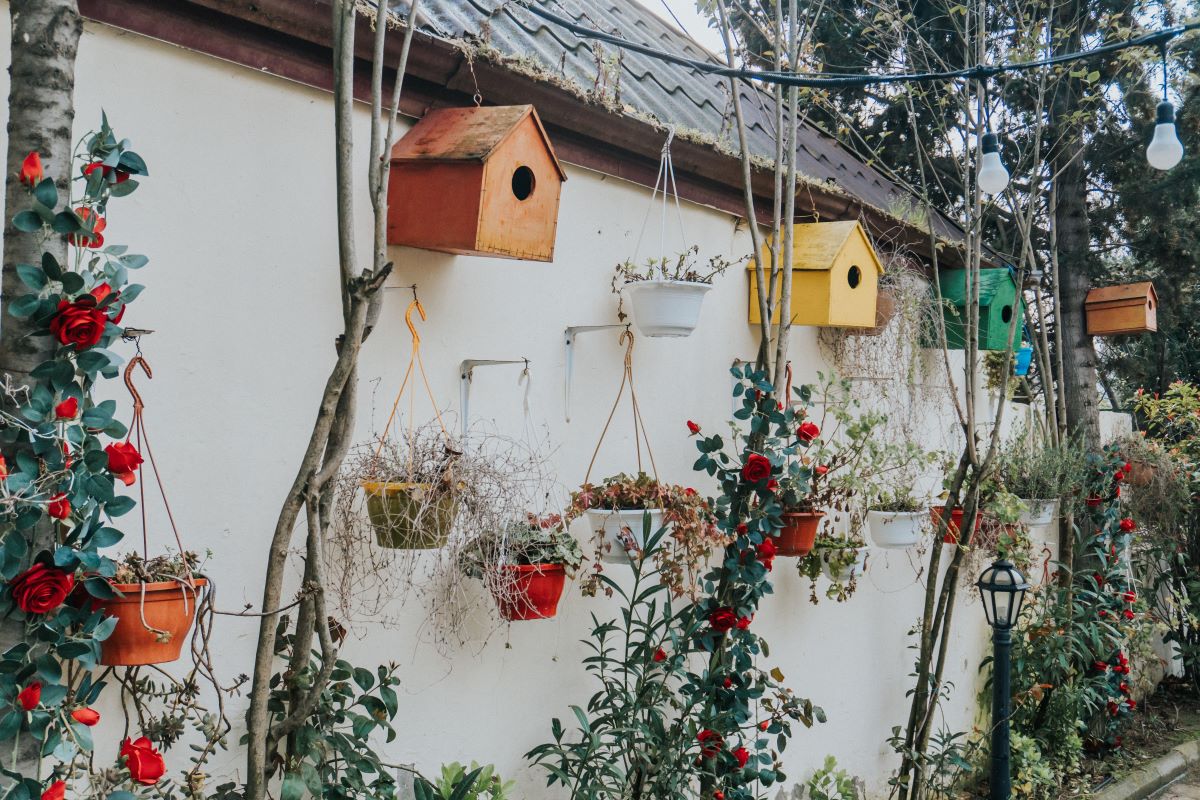 vertical garden featuring colorful potted plants and birdhouses